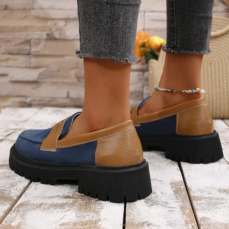 Colorblock Round Toe Patchwork Chunky Heel Casual Loafers