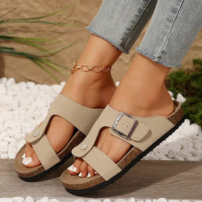 Studded Buckle Round Toe Platform Casual Plain Slippers