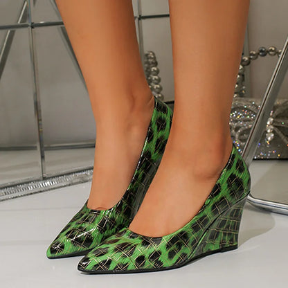 Leopard Pattern Print Plaid Pointy Toe Platform Wedge Heels