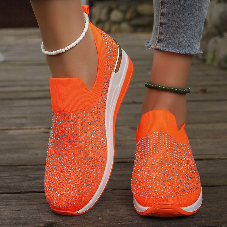 Rhinestone Embellished Round Toe Slip On Platform Casual Shoes Sneakers