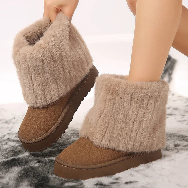 Fluffy Faux Fur Fold Round Toe Pull On Snow Boots