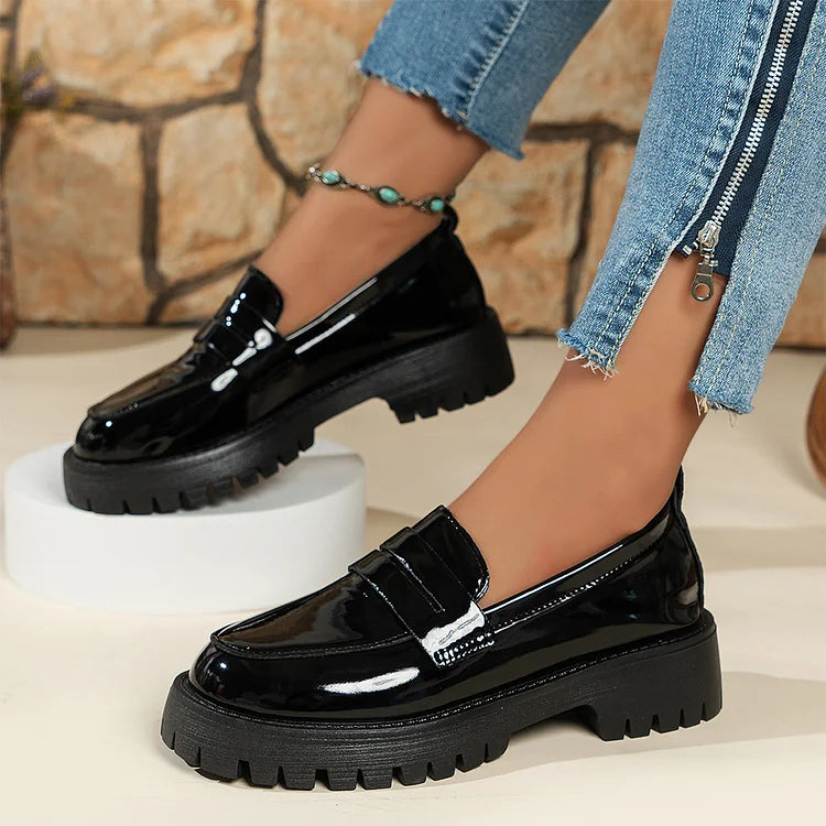 Patchwork Round Toe Low Block Heel Casual Slip On Loafers