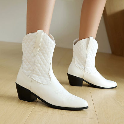 Stitch Detail Pointed Toe Patchwork Chunky Heel Ankle Boots