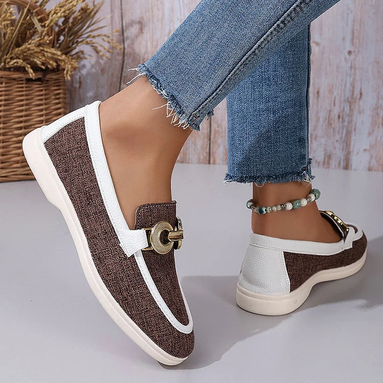 Contrast Binding Buckle Decor Round Toe Casual Loafers