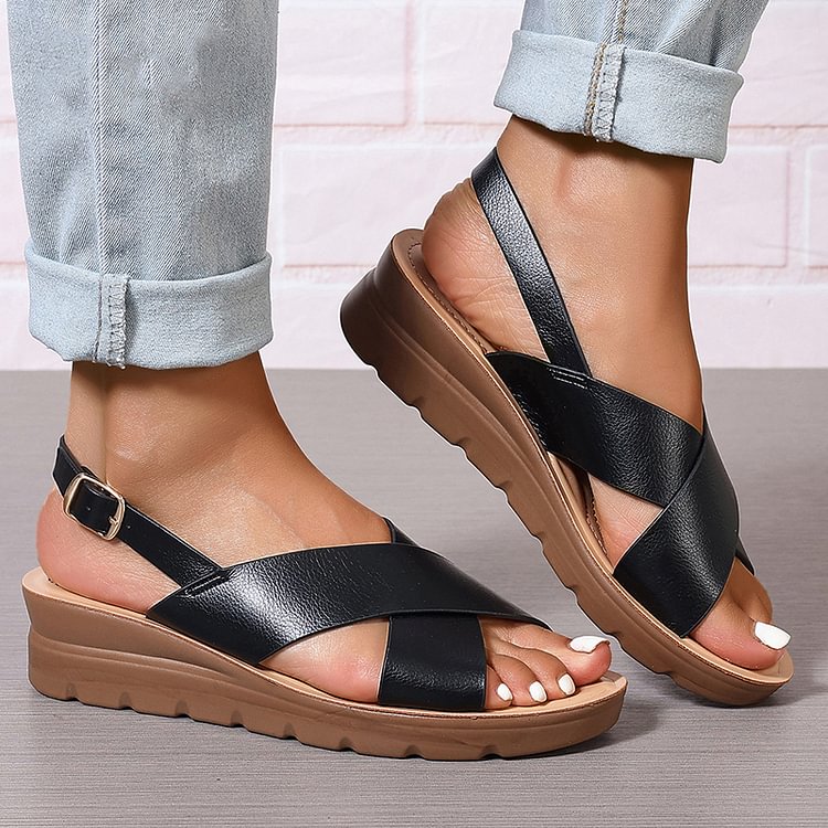 Cross Belt Slingback Strap Buckle Peep Toe Wedge Sandals