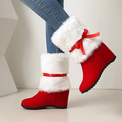 Christmas Fluffy Tied Up Bow Round Toe Wedge Heel Mid Boots