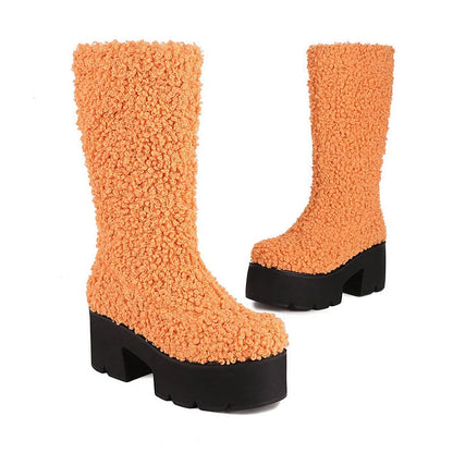 Round Toe Chunky Heel Faux Fur Pull On Platform Mid Calf Boots