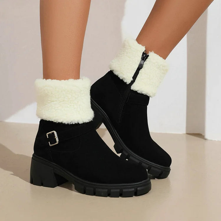 Round Toe Strap Buckle Decor Fluffy Trim Chunky Heel Snow Boots