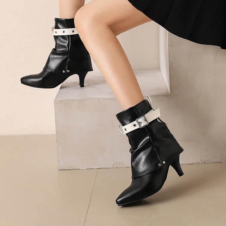 Colorblock Strap Buckle Fold Pointed Toe Stiletto Heel Ankle Boots