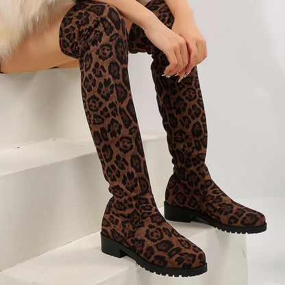 Solid Color Round Toe Patchwork Low Block Heel Over The Knee Boots