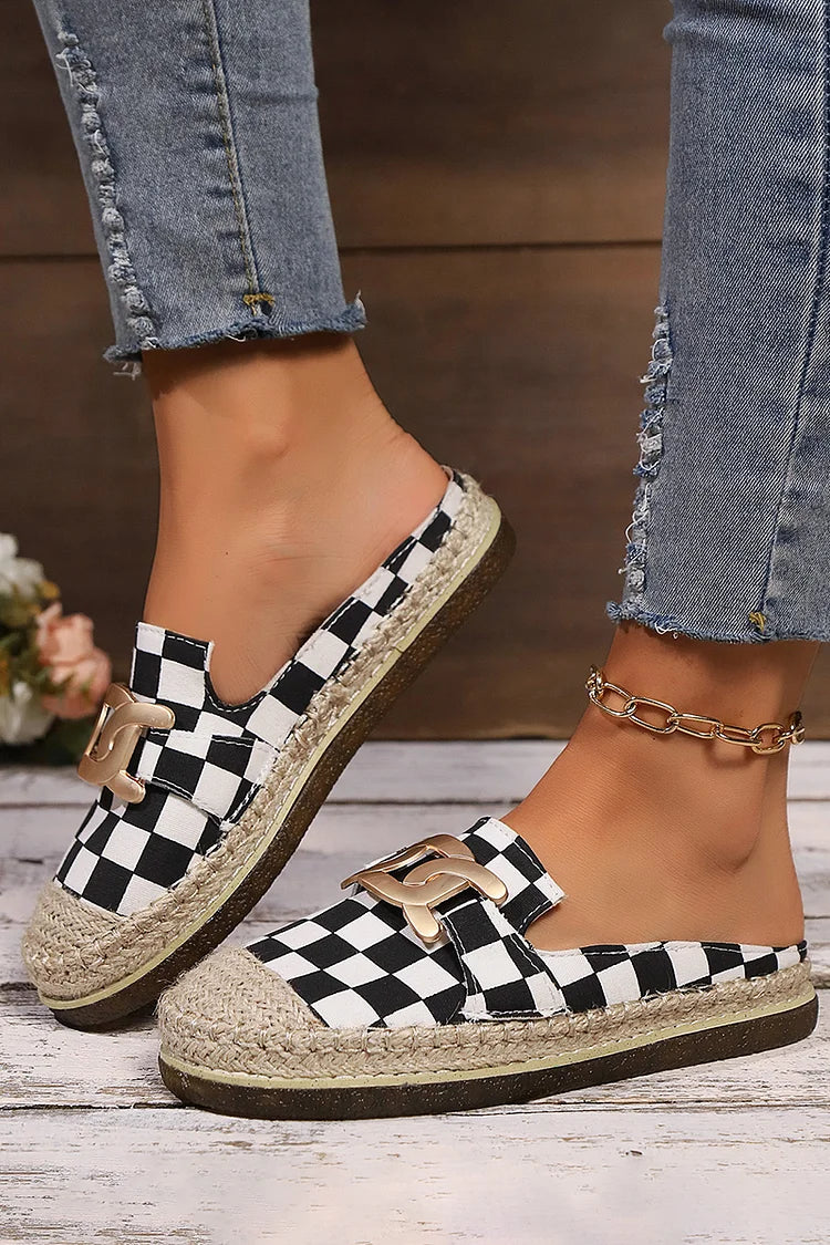 Plaid Metallic Chain Decor Patchwork Round Toe Mules