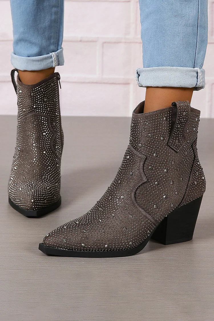 Rhinestone Decor Patchwork Zipper Pointed Toe Ankle Boots