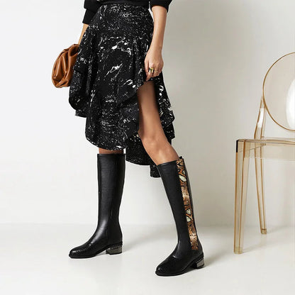 Animal Print Patchwork Pointed Toe Chunky Heel Knee High Boots