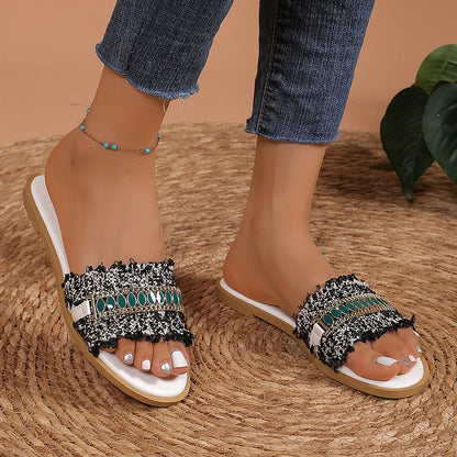 Rhinestone Alloy Chain Decor Frayed Trim Boho Retro Slippers