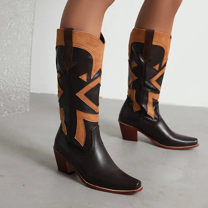 Colorblock Patchwork Pointed Toe Chunky Heel Western Boots