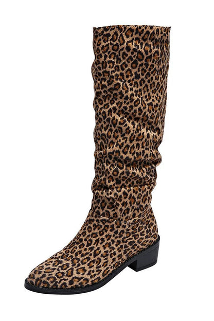 Leopard Print Slouch Pointed Toe Chunky Heel Pull On Knee High Boots