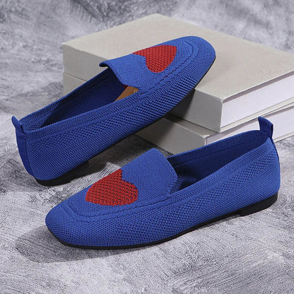 Heart Print Square Toe Knit Breathable Casual Slip Flats