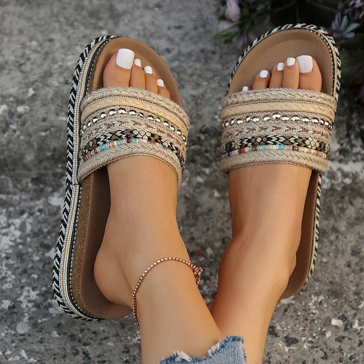 Retro Ethnic Pattern Studded Beads Espadrille Woven Platform Slippers