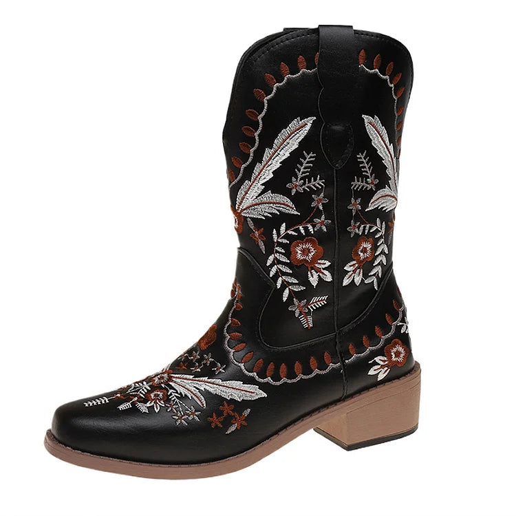 Boho Floral Embroidery V Cut Square Toe Chunky Heel Mid Boots