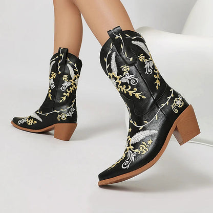 Floral Embroidery Patchwork Pointed Toe Chunky Heel Western Boots