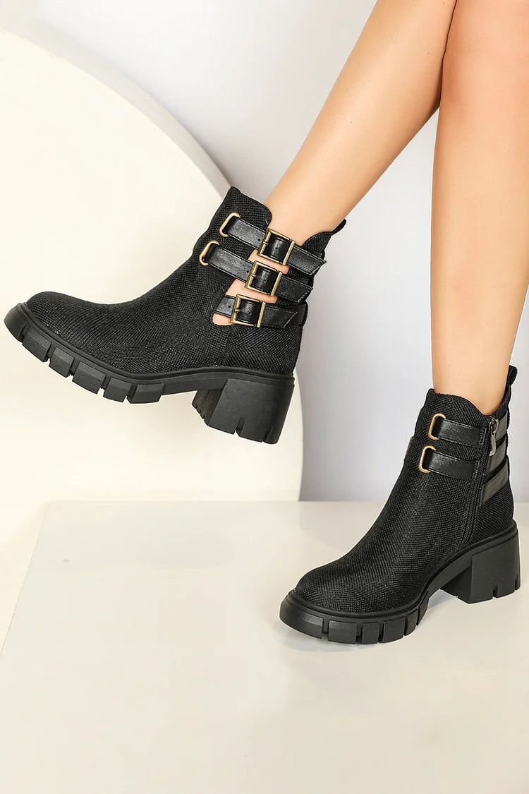 Multi Straps Buckles Zipper Round Toe Chunky Heel Ankle Boots