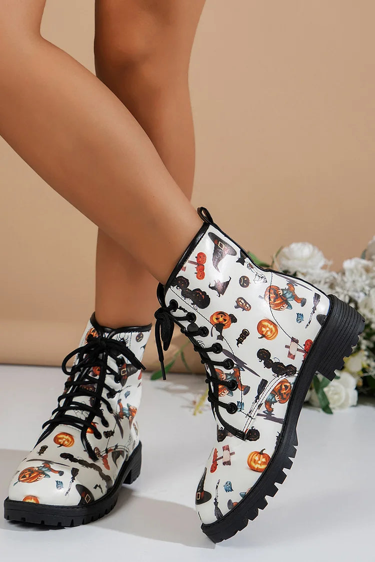 Colorful Floral Print Round Toe Low Block Heels Lace Up Ankle Boots