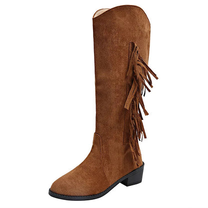 Fringe Patchwork Solid Color Pointed Toe Chunky Heel Knee High Boots