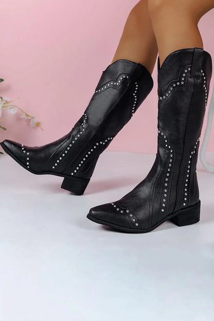 Metallic Studded Patchwork Pointed Toe Chunky Heel Knee High Boots