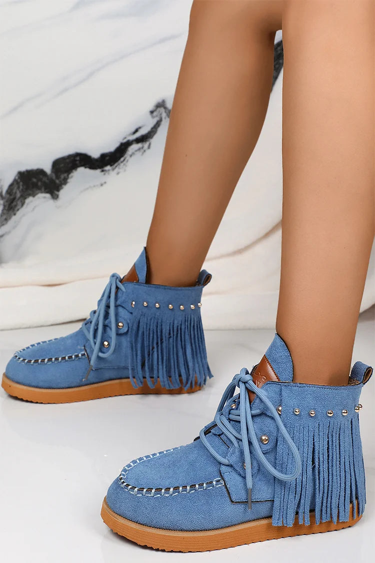 Fringed Trim Metallic Studded Round Toe Lace Up Ankle Boots