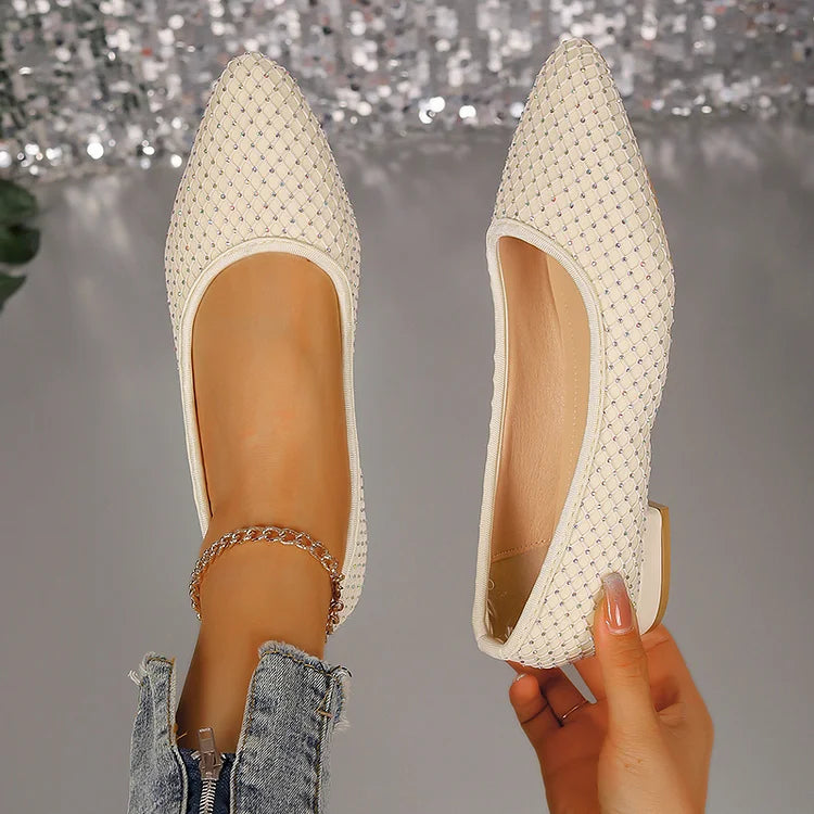 Rhinestone Decor Fishnet Patchwork Pointed Toe Flats