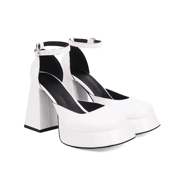 Platform Buckle Ankle Strap PU Leather Pointy Toe Chunky Heels Pumps