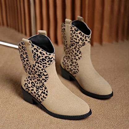 Patchwork Leopard Print Chunky Heel Round Toe Ankle Boots