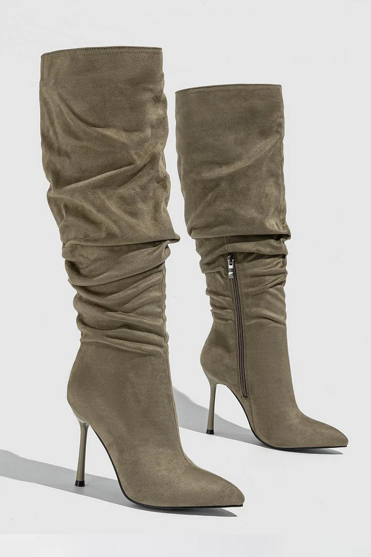 Ruched Pointed Toe Stiletto Heel Zipper Solid Color Knee High Boots