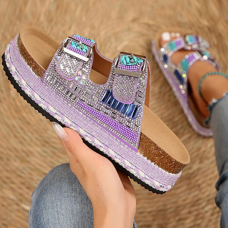 Double Buckles Rhinestone Embellished Platform Round Toe Slippers