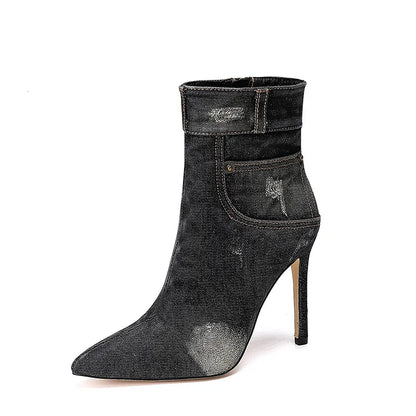 Pointed Toe Patchwork Zipper Stiletto Heel Denim Ankle Boots