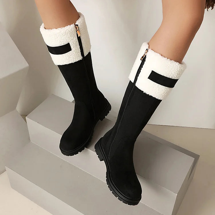 Colorblock Zipper Patchwork Round Toe Low Block Heel Mid Calf Boots