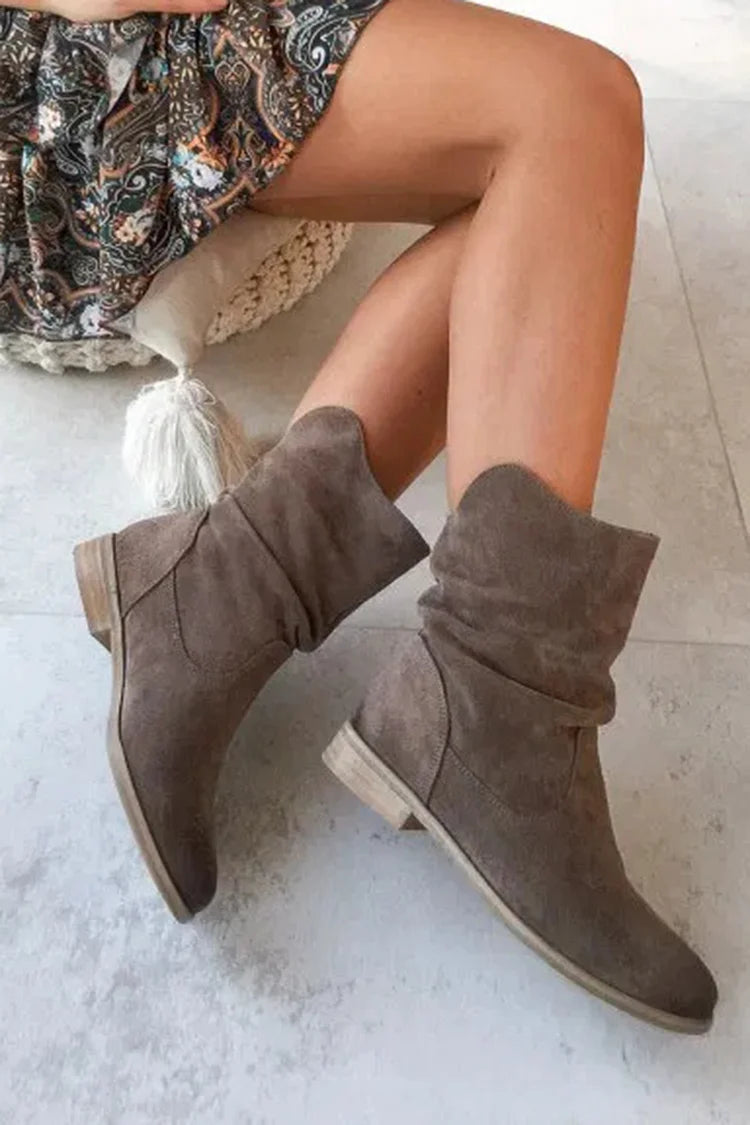 Solid Color Patchwork Round Toe V Cut Slouch Ankle Boots