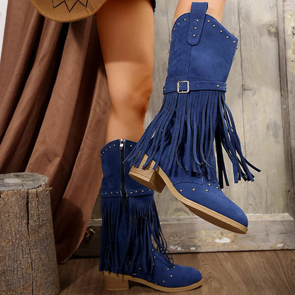 Metallic Studded Fringed Trim Patchwork Zipper Mid Calf Boots