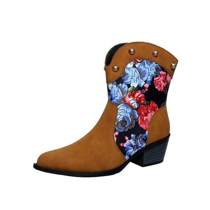 Patchwork Floral Print Metallic Studded Pointed Toe Cowgirl Boots