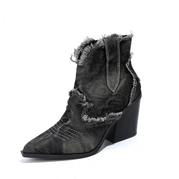 Stitch Detail Raw Trim Patchwork Pointed Toe Chunky Heel Ankle Boots