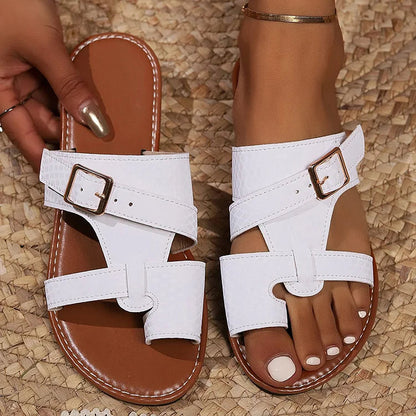 Rhombus Pattern Cut Out Belt Buckle Seam Toe Ring Slippers