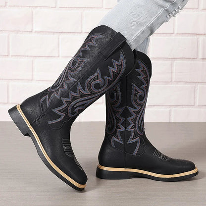 V Groove Embroidery Stitch Detail Square Toe Patchwork Mid Calf Boots