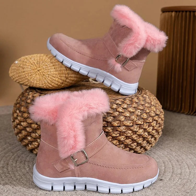 Fluffy Trim Patchwork Strap Buckle Round Toe Snow Boots