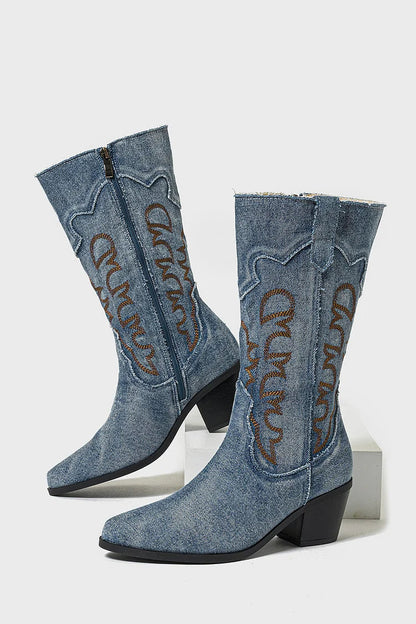 Patchwork Pointed Toe Zipper Embroidery Chunky Heel Denim Mid Calf Boots