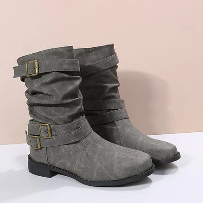 Multi Straps Buckles Patchwork Round Toe Solid Color Mid Boots