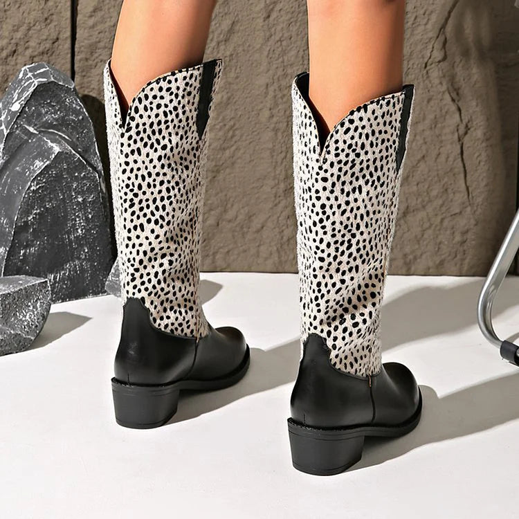 Leopard Print Patchwork Round Toe Chunky Heel Knee High Boots