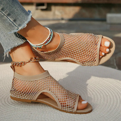 Fishnet Hollow Rhinestone Decor Round Toe Slip On Sandals