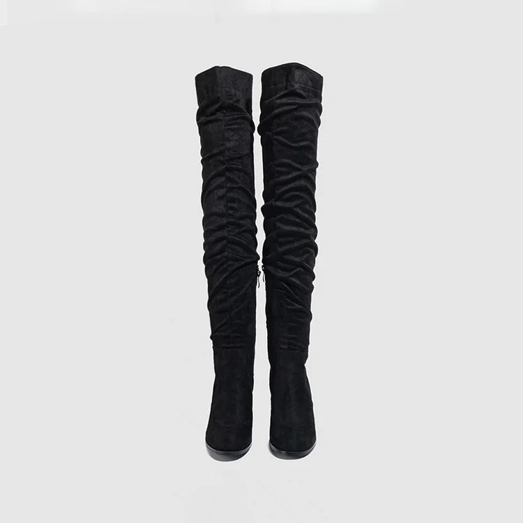 Patchwork Solid Plain Round Toe Chunky Heel Over The Knee Boots