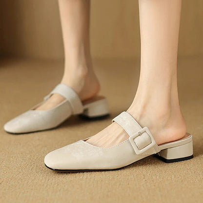 Instep Strap Buckle Square Toe Plain Slides Low Heels Mules