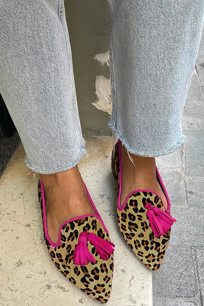 Leopard Print Faux Suede Tassels Decor Casual Pointy Flats